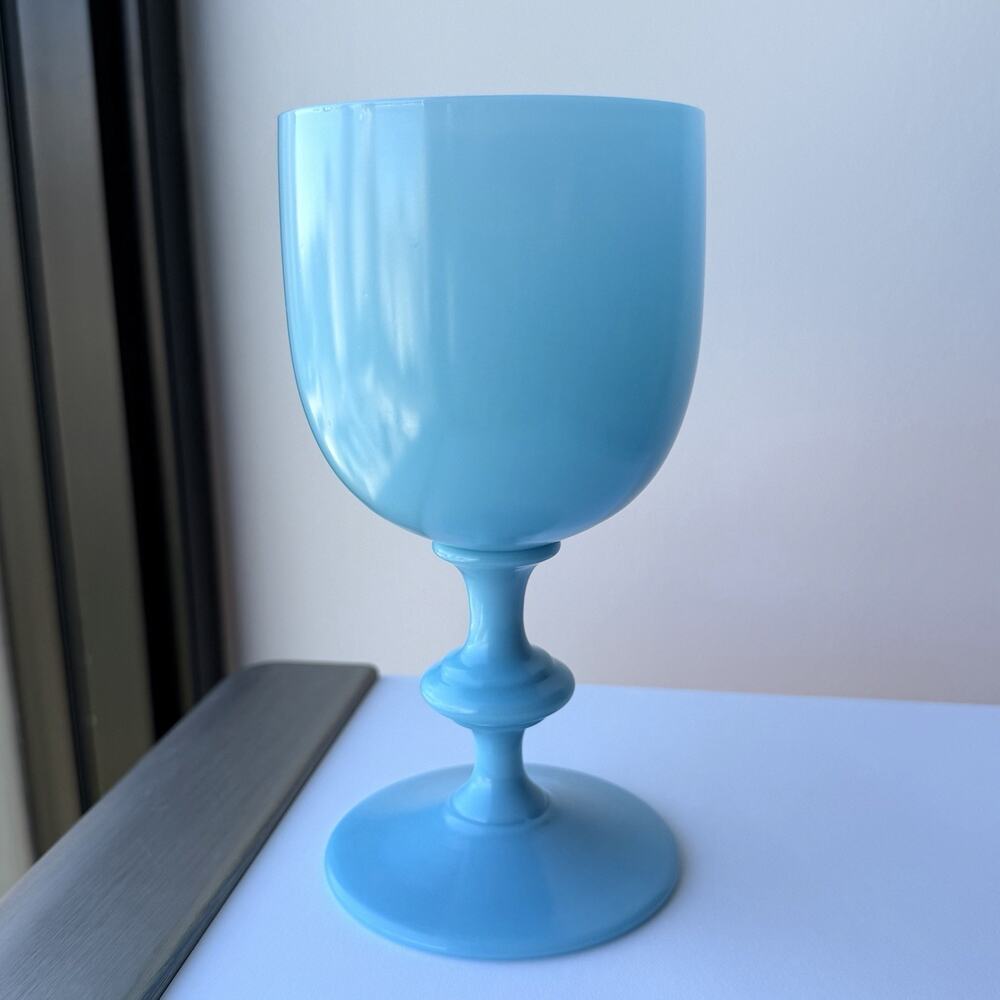 Vintage French Portieux Vallerysthal Blue Opaline Glass Water Goblet 6.5" High